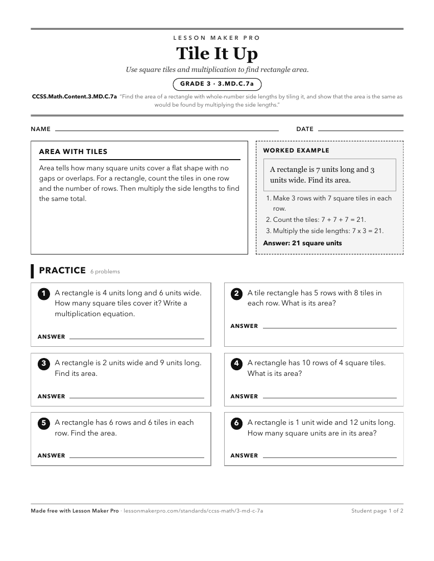 Preview of the CCSS.Math.Content.3.MD.C.7a printable worksheet