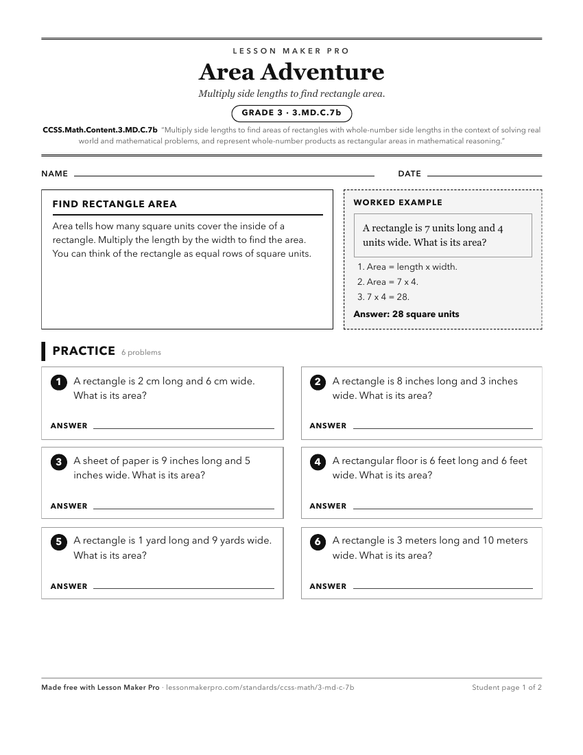 Preview of the CCSS.Math.Content.3.MD.C.7b printable worksheet