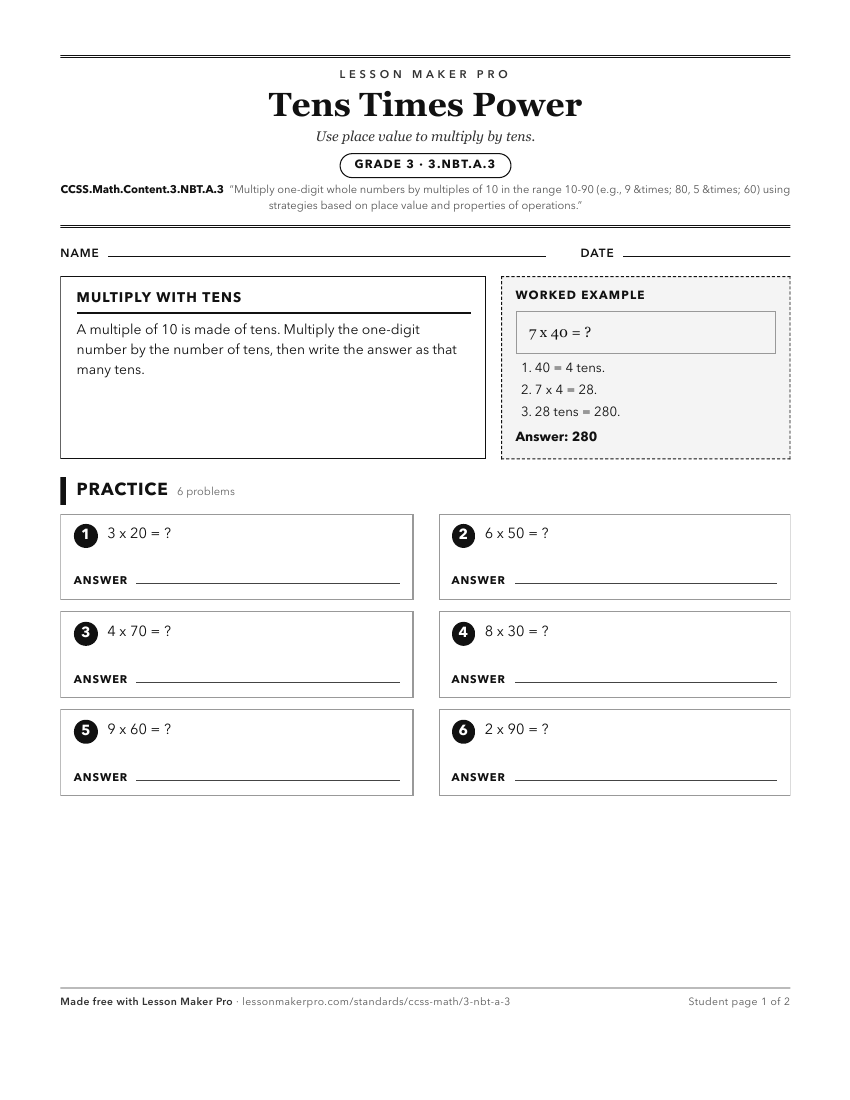 Preview of the CCSS.Math.Content.3.NBT.A.3 printable worksheet