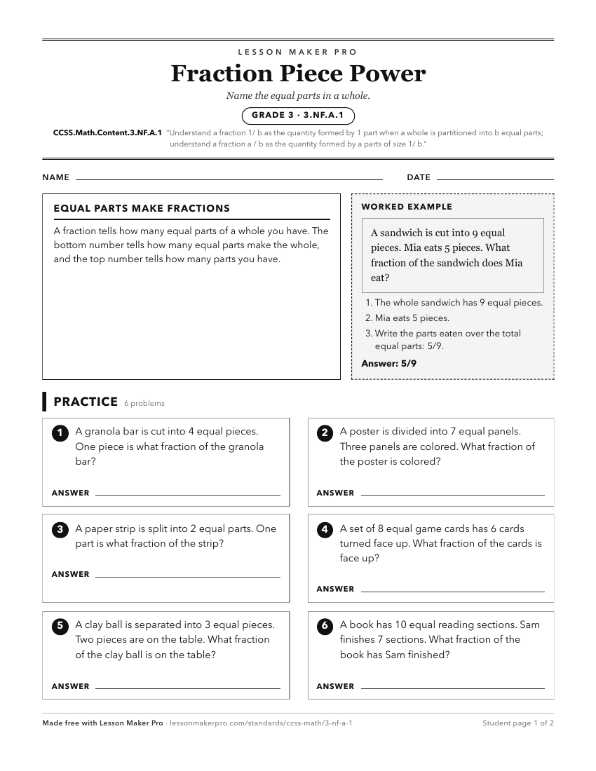 Preview of the CCSS.Math.Content.3.NF.A.1 printable worksheet