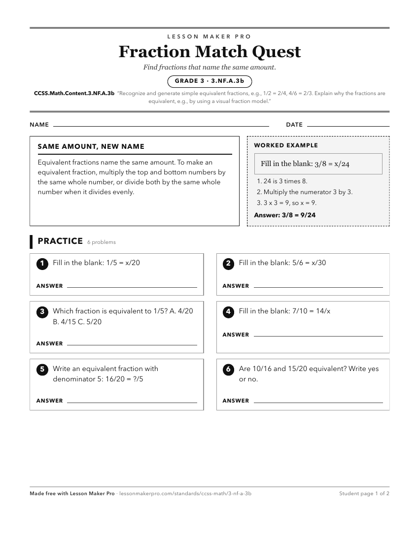 Preview of the CCSS.Math.Content.3.NF.A.3b printable worksheet