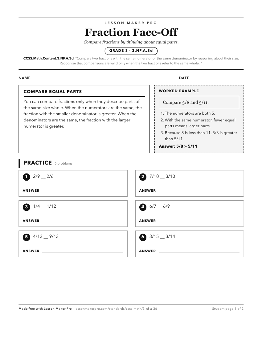 Preview of the CCSS.Math.Content.3.NF.A.3d printable worksheet