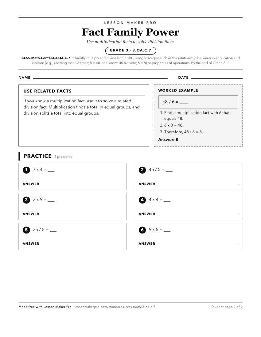 Preview of the CCSS.Math.Content.3.OA.C.7 printable worksheet