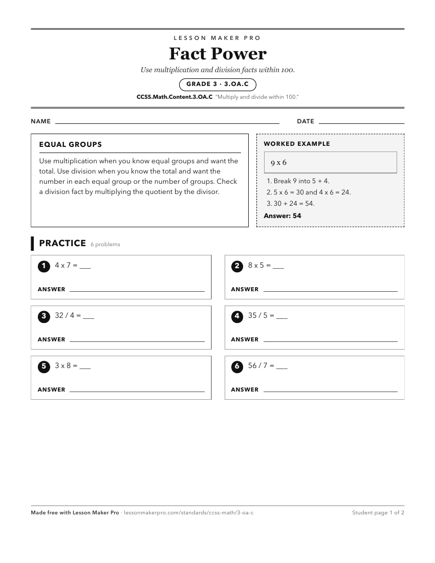 Preview of the CCSS.Math.Content.3.OA.C printable worksheet