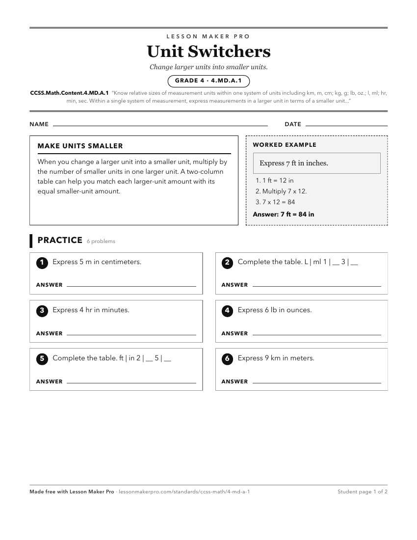 Preview of the CCSS.Math.Content.4.MD.A.1 printable worksheet