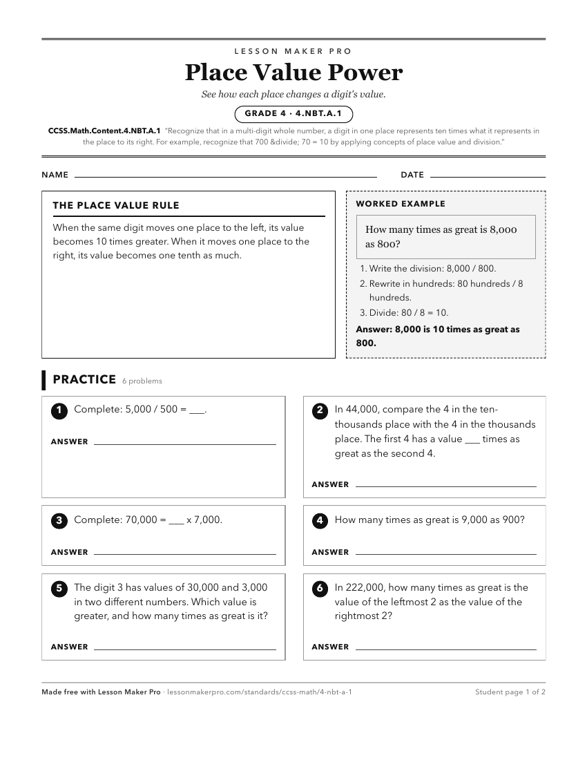 Preview of the CCSS.Math.Content.4.NBT.A.1 printable worksheet