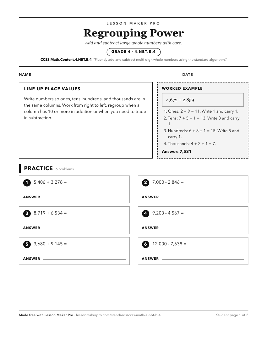 Preview of the CCSS.Math.Content.4.NBT.B.4 printable worksheet