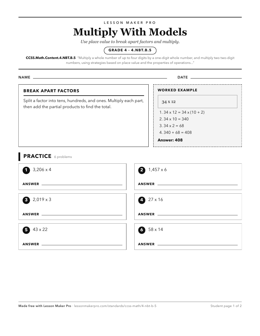 Preview of the CCSS.Math.Content.4.NBT.B.5 printable worksheet