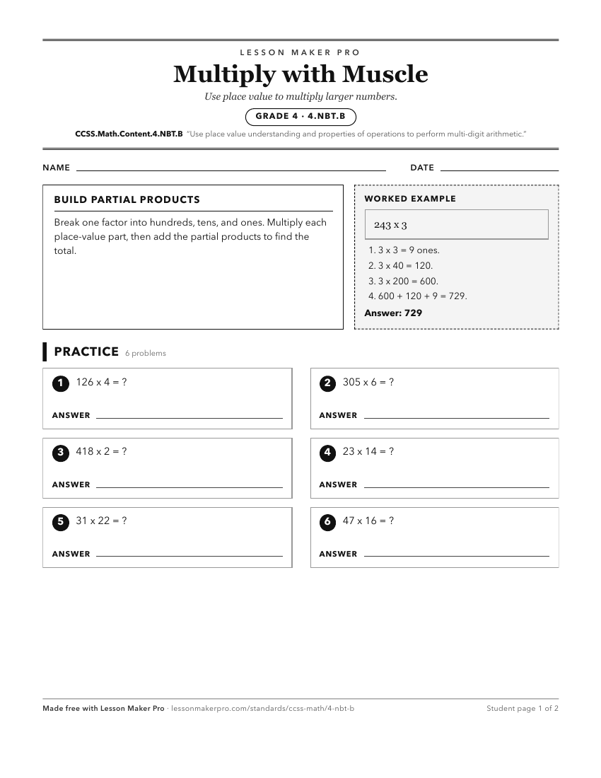 Preview of the CCSS.Math.Content.4.NBT.B printable worksheet