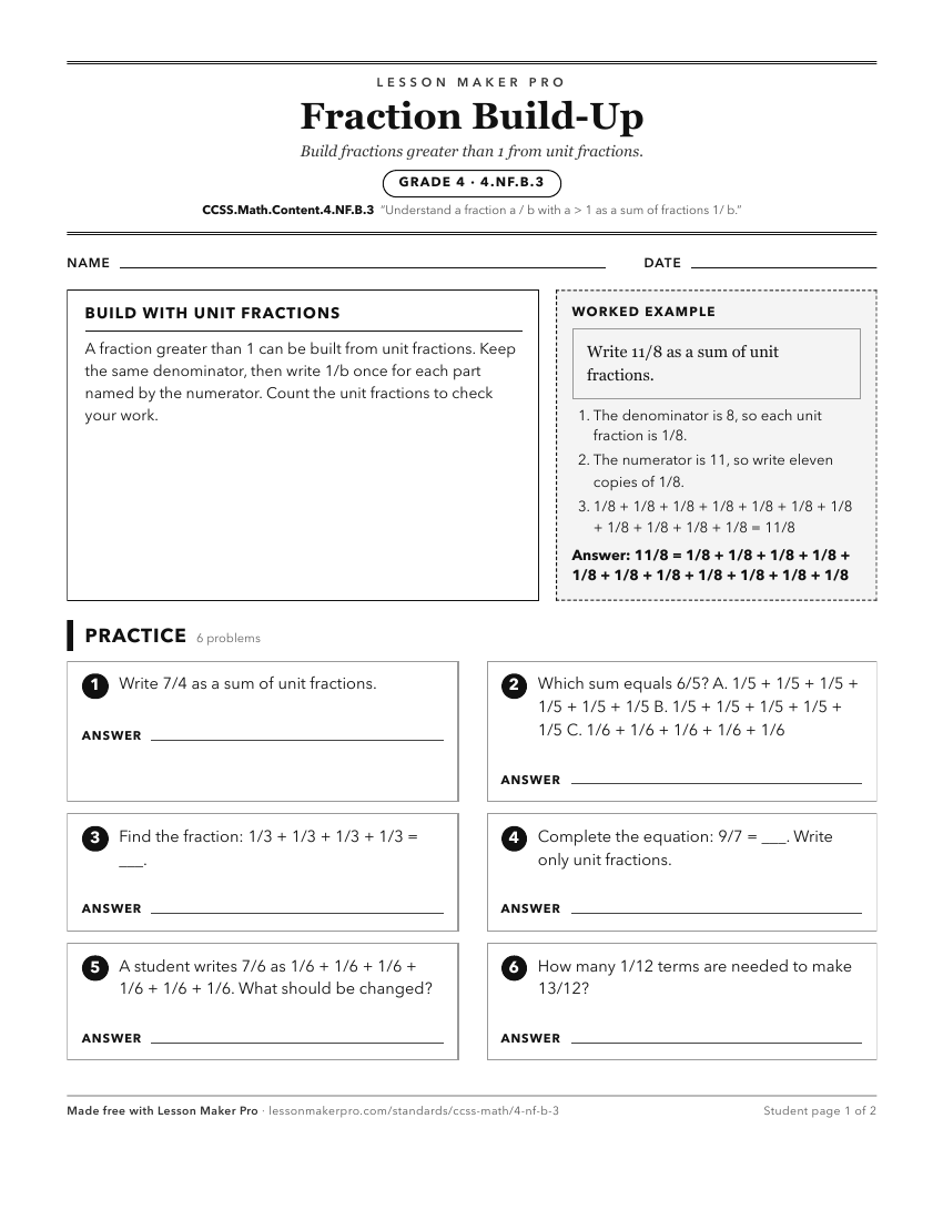 Preview of the CCSS.Math.Content.4.NF.B.3 printable worksheet