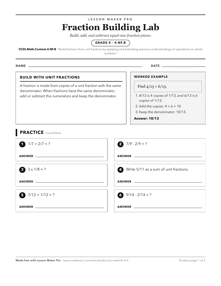 Preview of the CCSS.Math.Content.4.NF.B printable worksheet