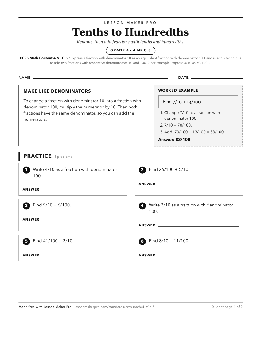 Preview of the CCSS.Math.Content.4.NF.C.5 printable worksheet