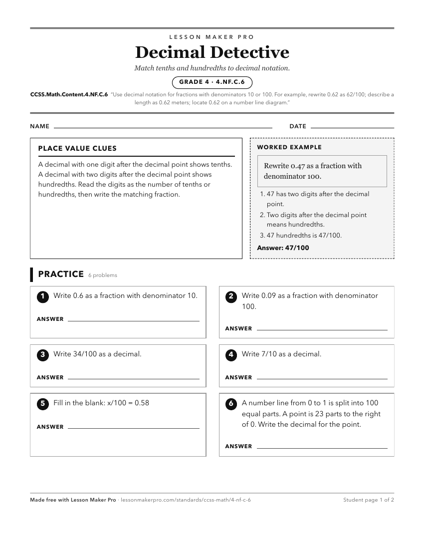 Preview of the CCSS.Math.Content.4.NF.C.6 printable worksheet
