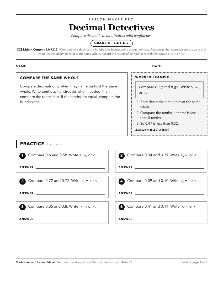 Preview of the CCSS.Math.Content.4.NF.C.7 printable worksheet