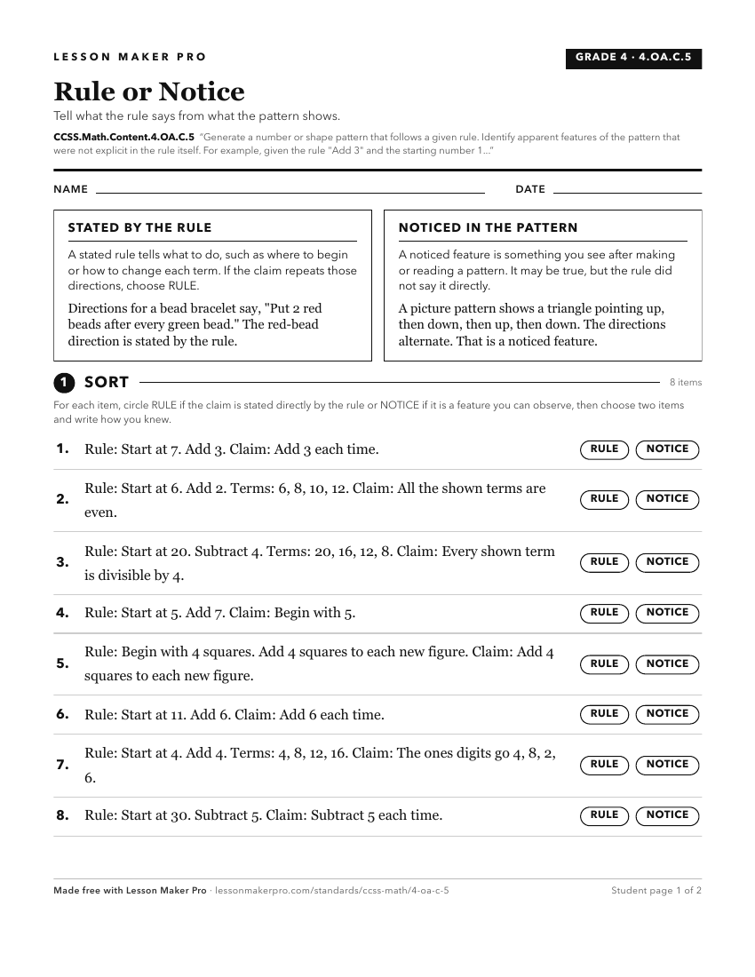 Preview of the CCSS.Math.Content.4.OA.C.5 printable worksheet