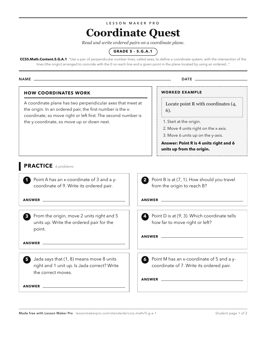 Preview of the CCSS.Math.Content.5.G.A.1 printable worksheet