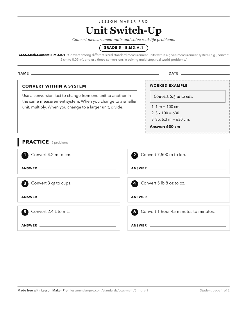 Preview of the CCSS.Math.Content.5.MD.A.1 printable worksheet