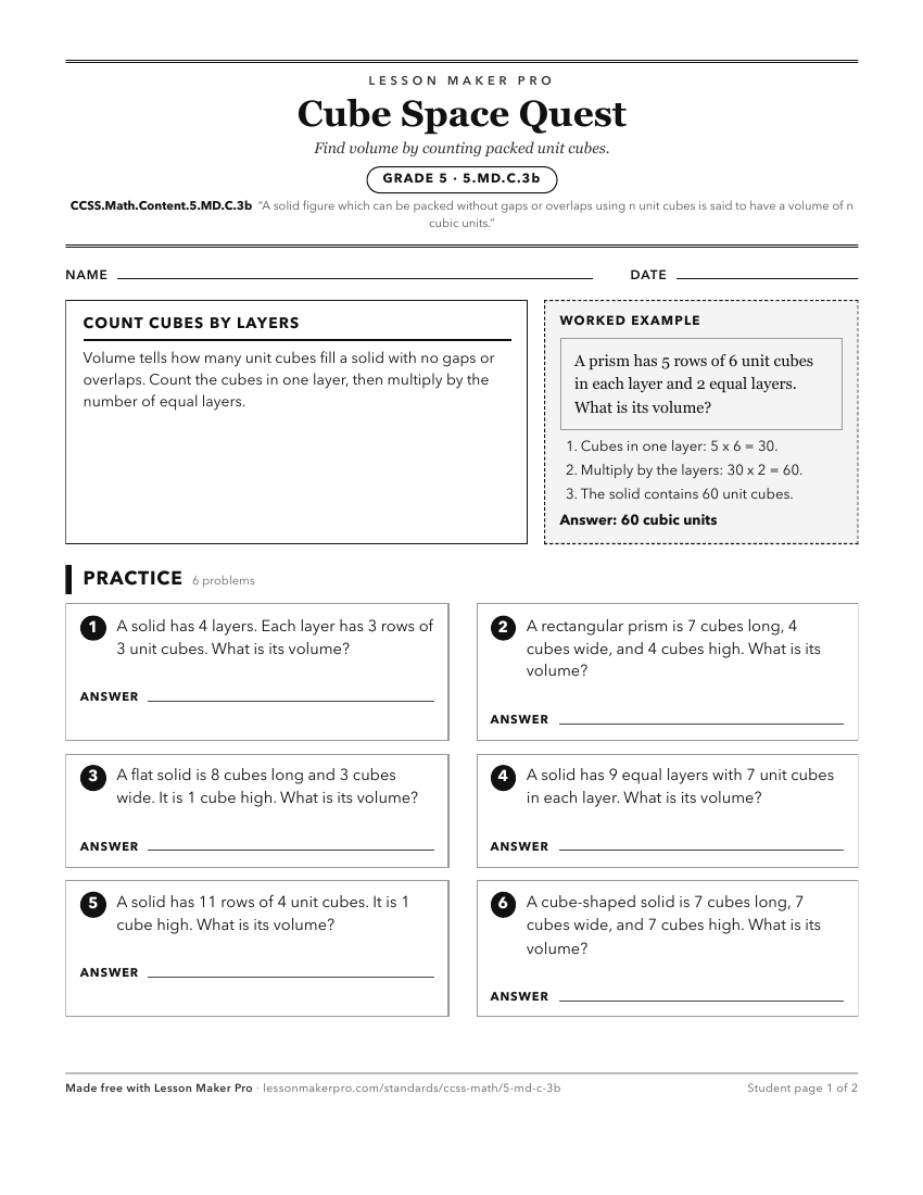 Preview of the CCSS.Math.Content.5.MD.C.3b printable worksheet