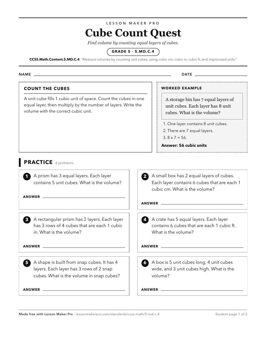 Preview of the CCSS.Math.Content.5.MD.C.4 printable worksheet