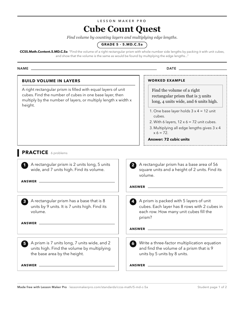 Preview of the CCSS.Math.Content.5.MD.C.5a printable worksheet