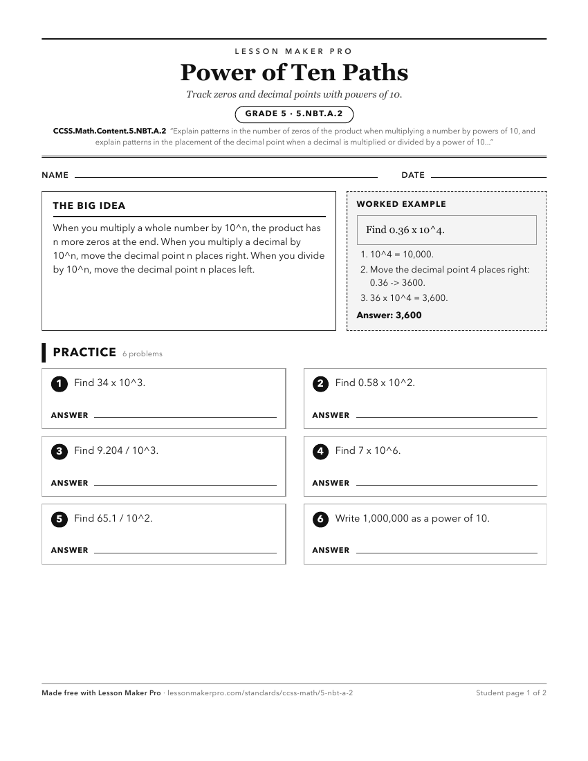 Preview of the CCSS.Math.Content.5.NBT.A.2 printable worksheet