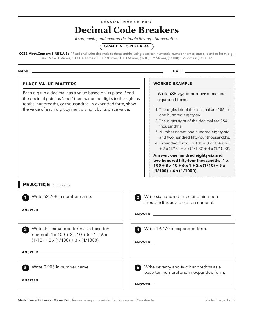 Preview of the CCSS.Math.Content.5.NBT.A.3a printable worksheet