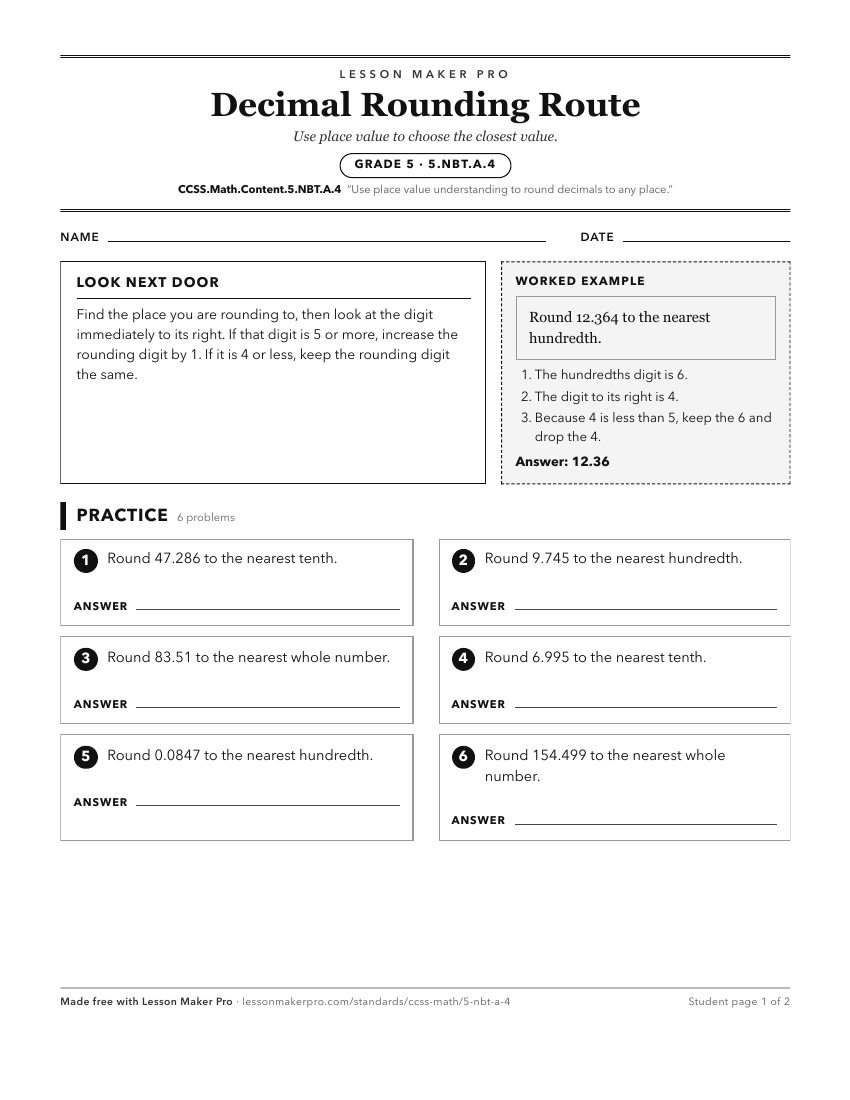 Preview of the CCSS.Math.Content.5.NBT.A.4 printable worksheet