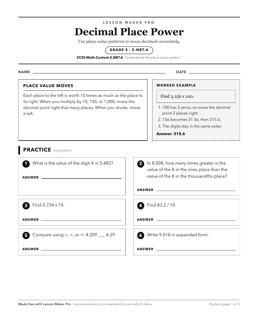 Preview of the CCSS.Math.Content.5.NBT.A printable worksheet