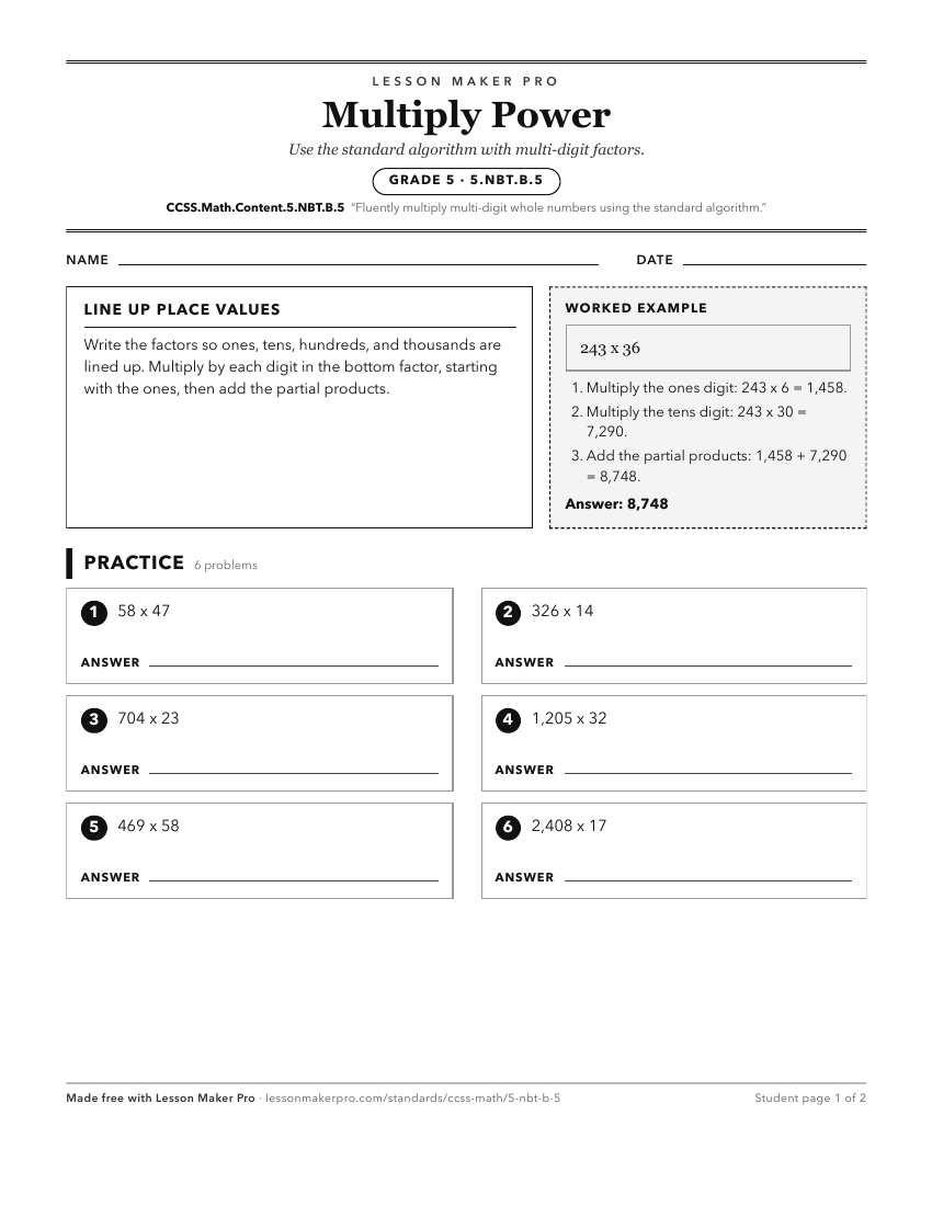Preview of the CCSS.Math.Content.5.NBT.B.5 printable worksheet