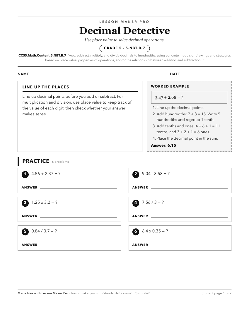 Preview of the CCSS.Math.Content.5.NBT.B.7 printable worksheet