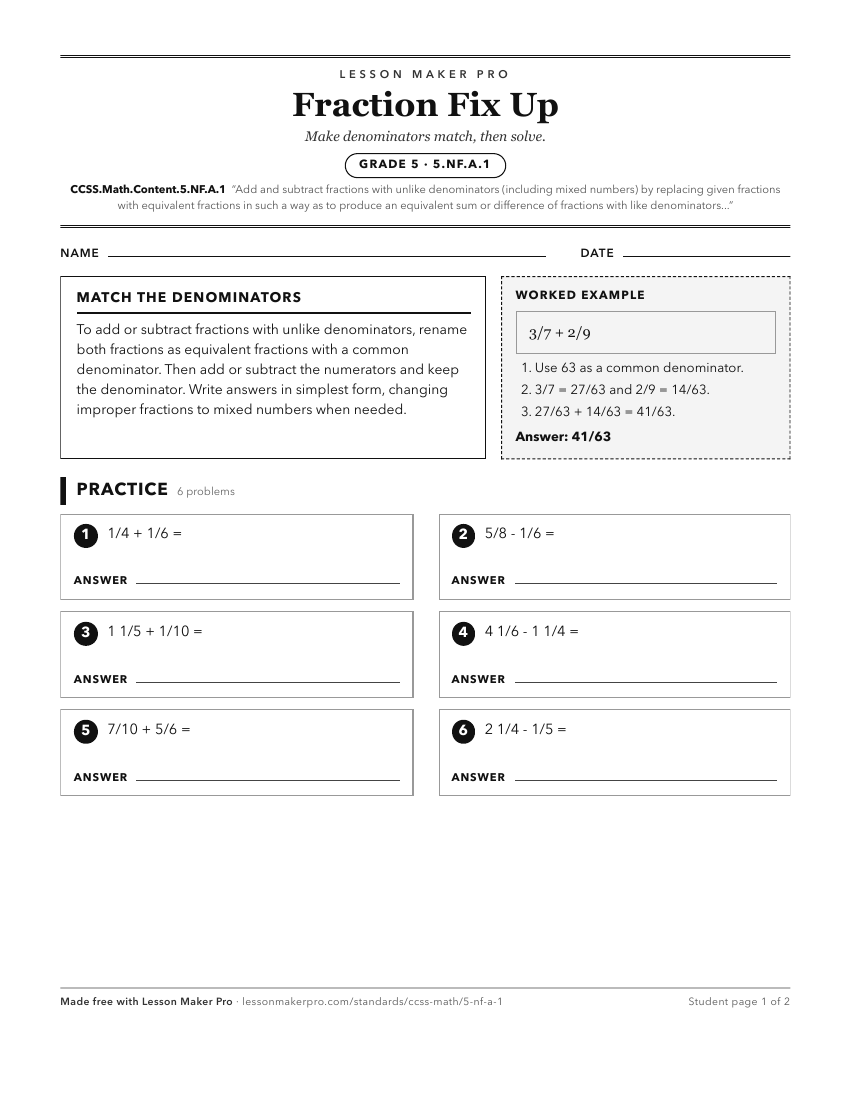 Preview of the CCSS.Math.Content.5.NF.A.1 printable worksheet