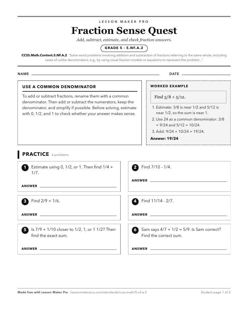 Preview of the CCSS.Math.Content.5.NF.A.2 printable worksheet