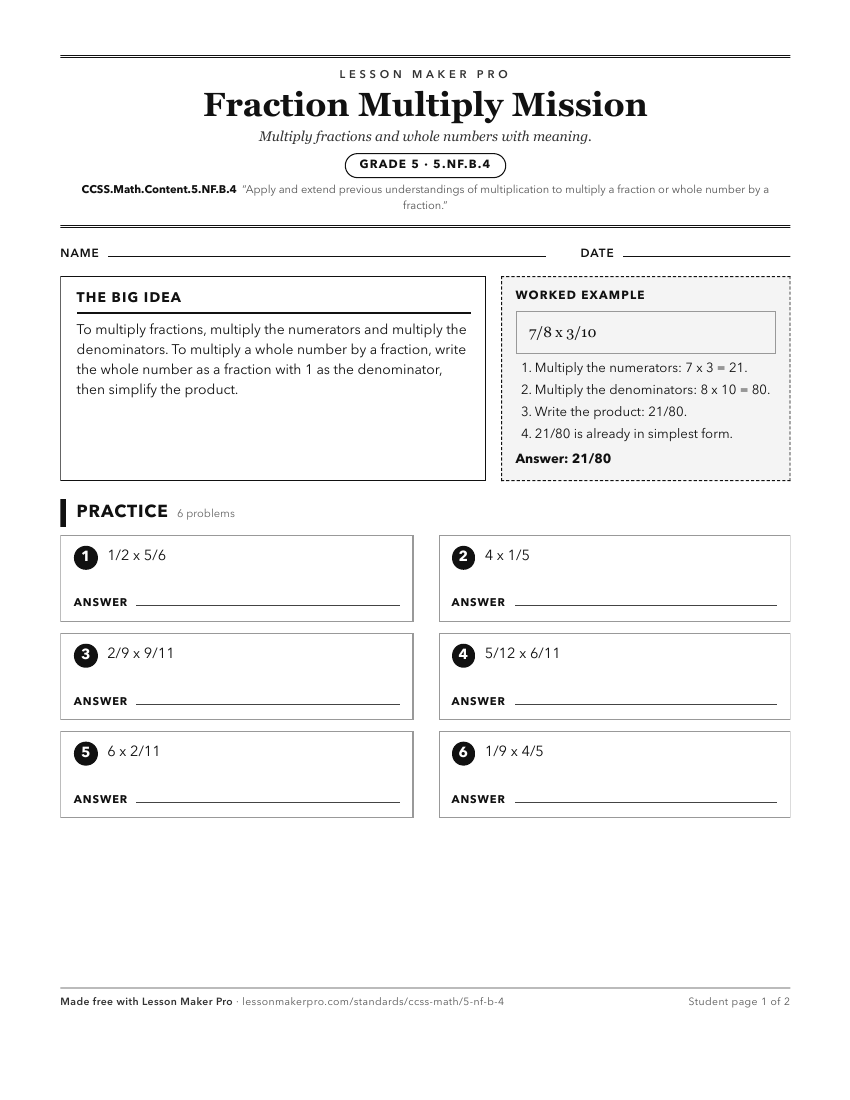Preview of the CCSS.Math.Content.5.NF.B.4 printable worksheet