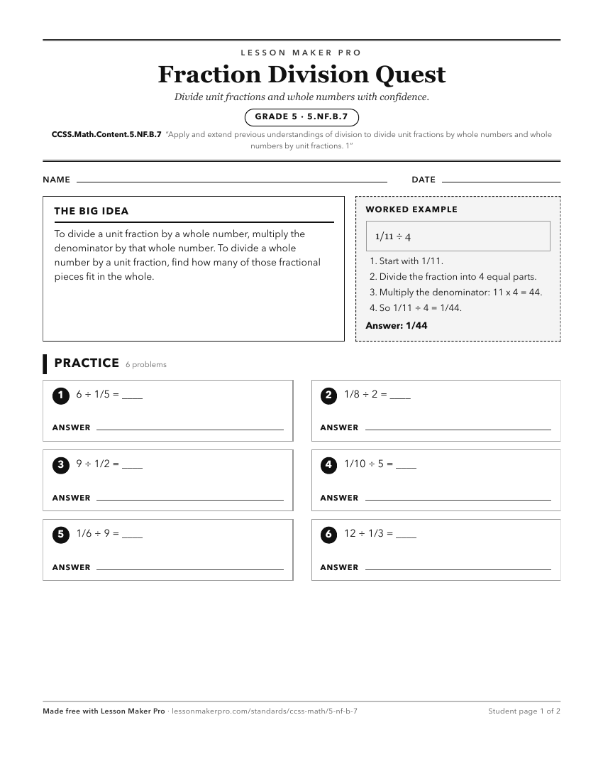 Preview of the CCSS.Math.Content.5.NF.B.7 printable worksheet