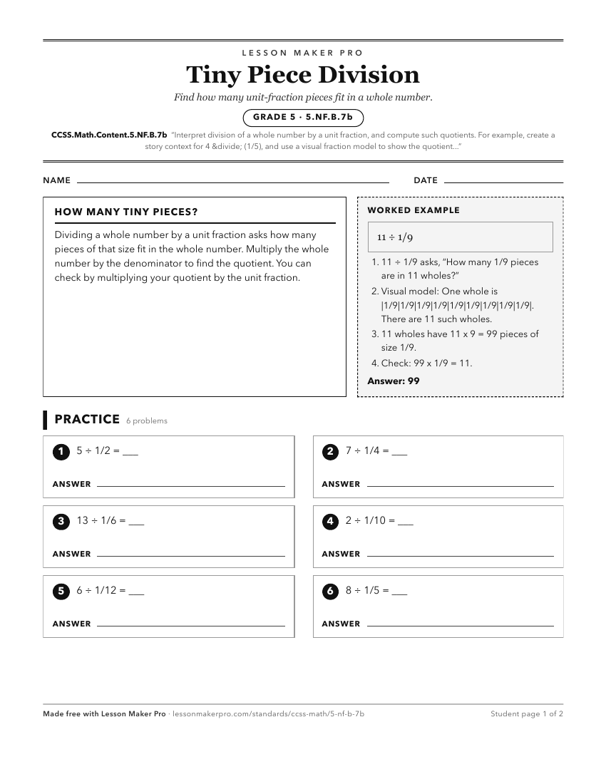 Preview of the CCSS.Math.Content.5.NF.B.7b printable worksheet