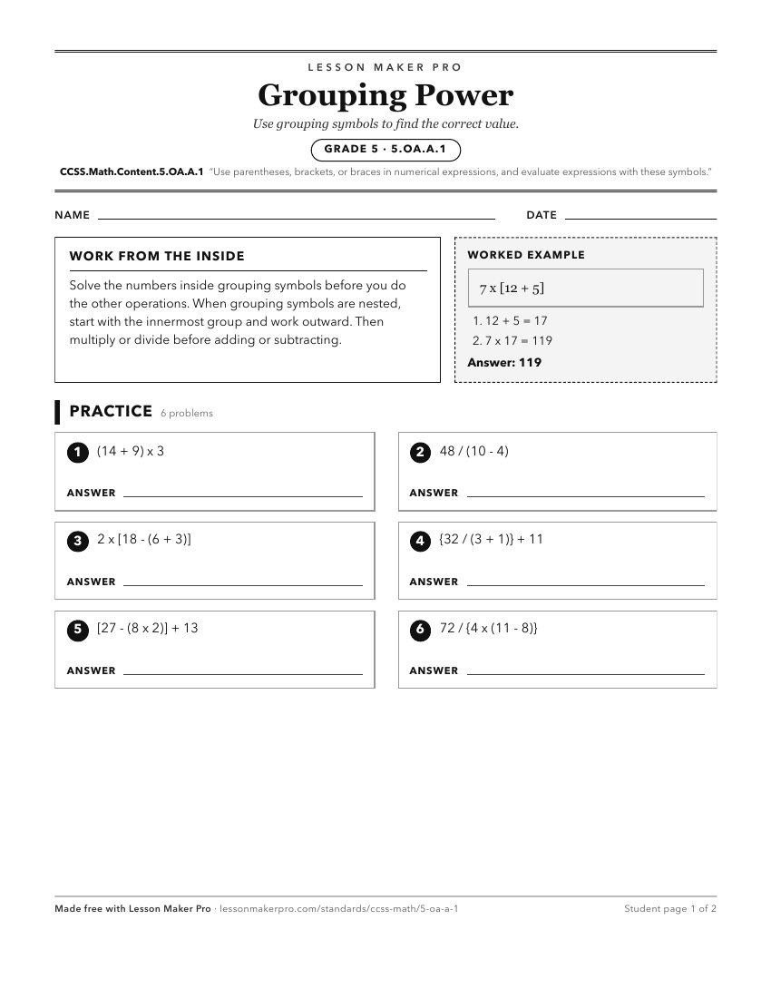 Preview of the CCSS.Math.Content.5.OA.A.1 printable worksheet