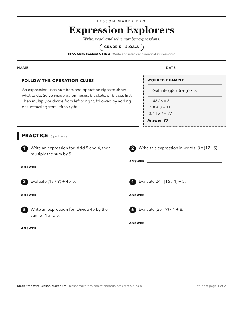 Preview of the CCSS.Math.Content.5.OA.A printable worksheet