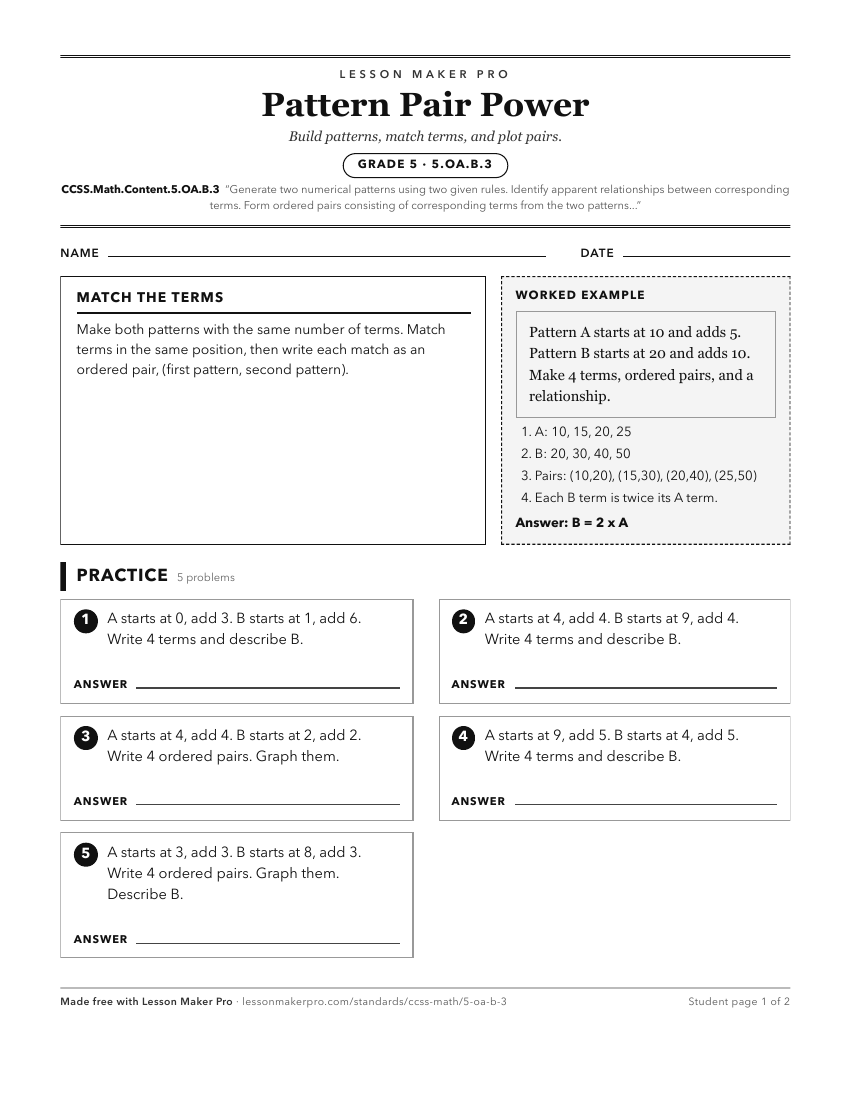 Preview of the CCSS.Math.Content.5.OA.B.3 printable worksheet