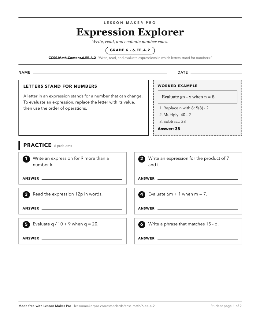 Preview of the CCSS.Math.Content.6.EE.A.2 printable worksheet