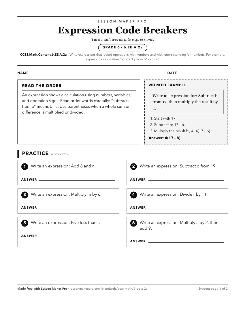 Preview of the CCSS.Math.Content.6.EE.A.2a printable worksheet