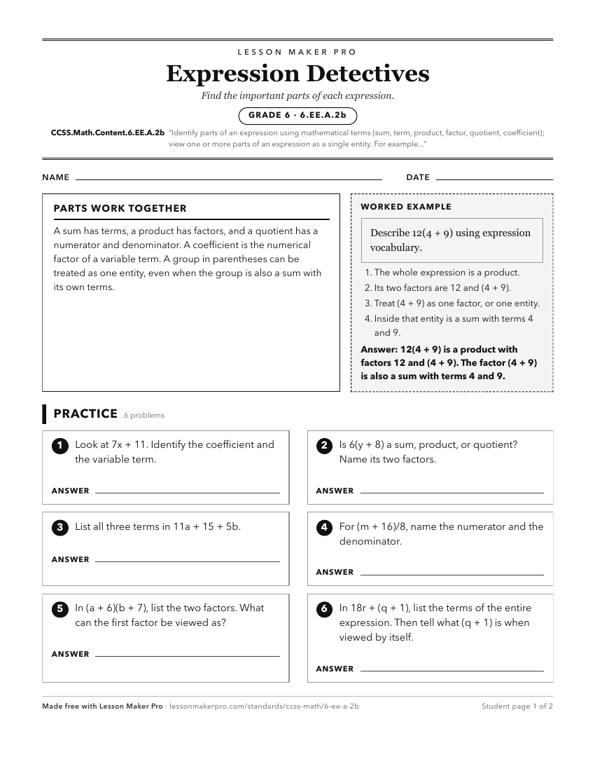 Preview of the CCSS.Math.Content.6.EE.A.2b printable worksheet