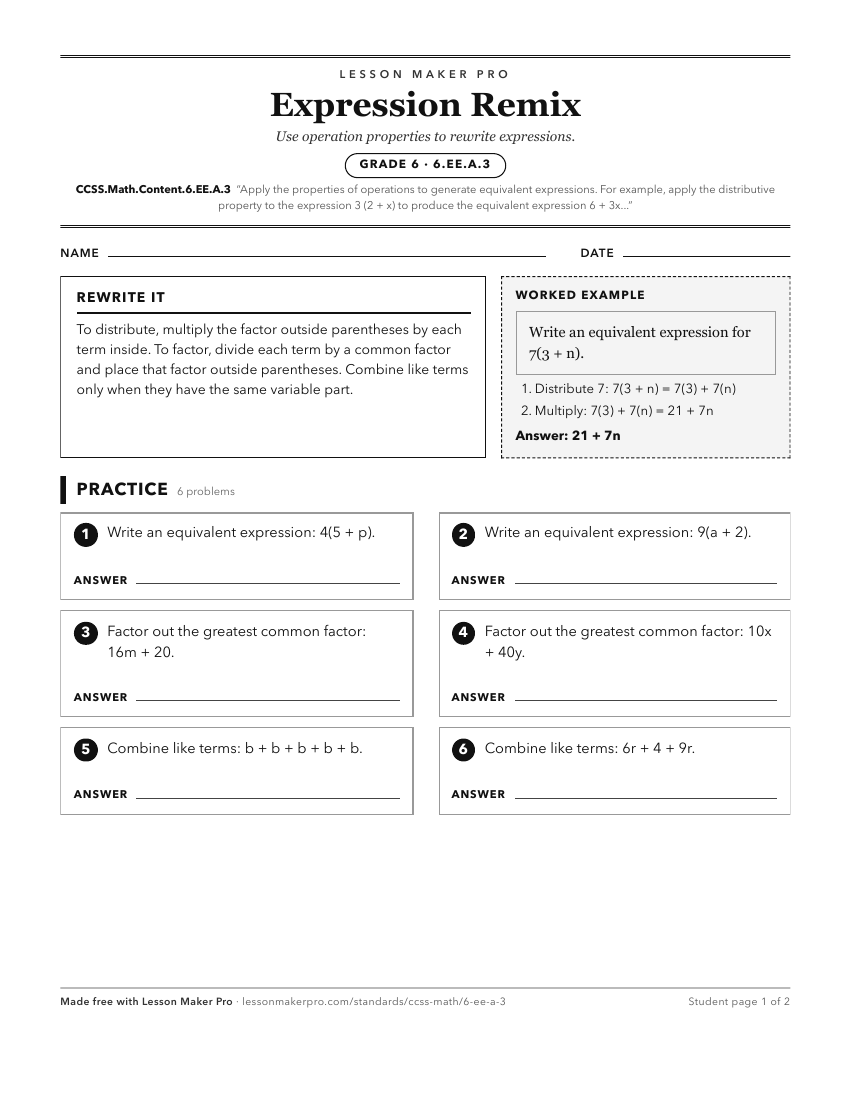 Preview of the CCSS.Math.Content.6.EE.A.3 printable worksheet