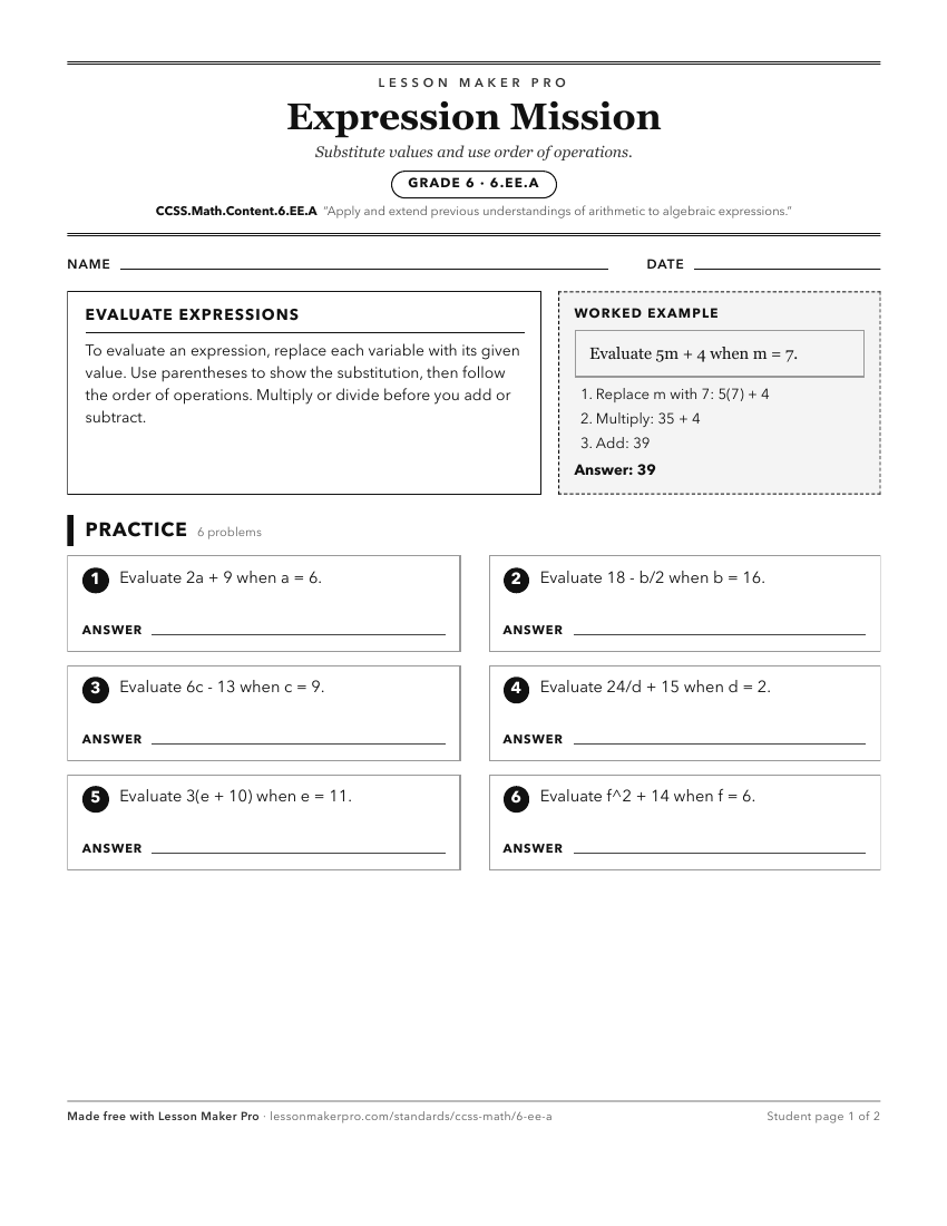 Preview of the CCSS.Math.Content.6.EE.A printable worksheet