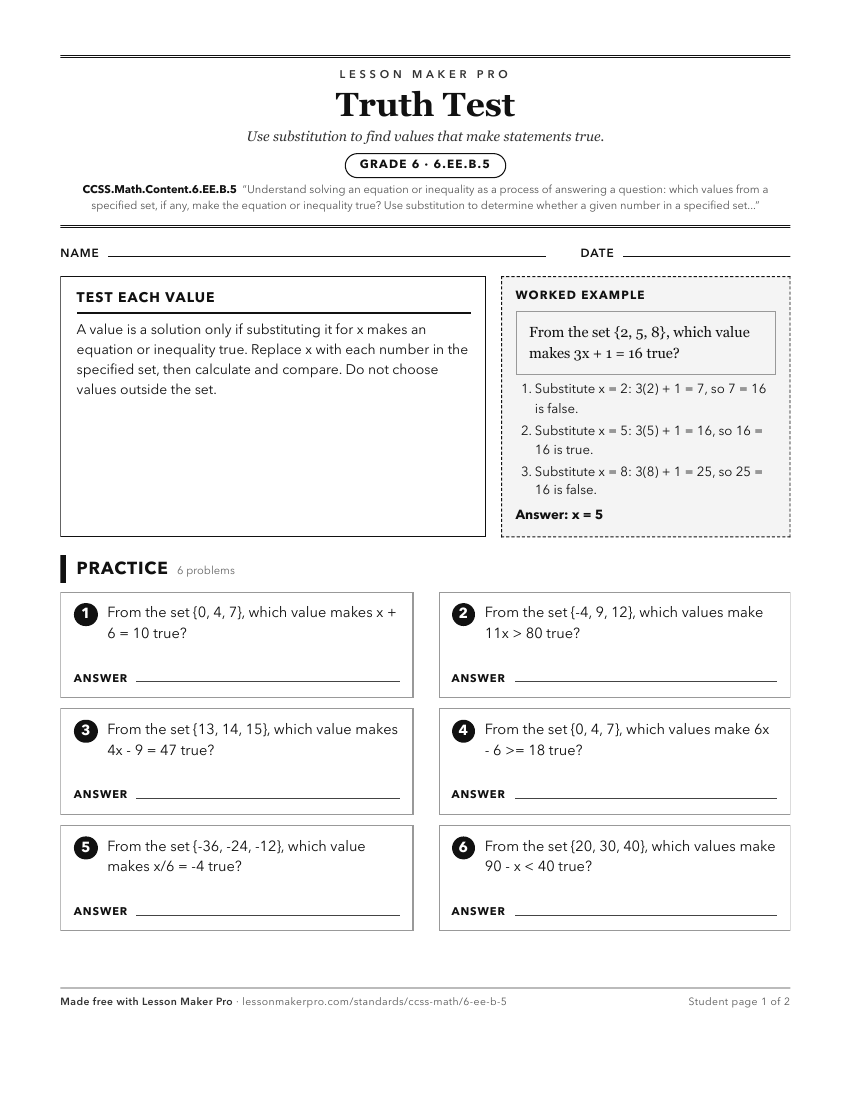Preview of the CCSS.Math.Content.6.EE.B.5 printable worksheet