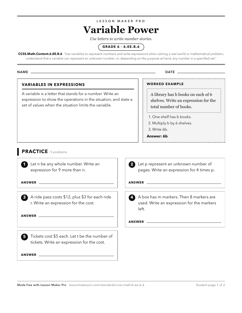 Preview of the CCSS.Math.Content.6.EE.B.6 printable worksheet