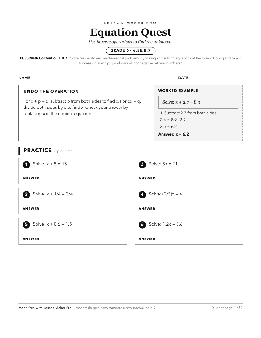 Preview of the CCSS.Math.Content.6.EE.B.7 printable worksheet