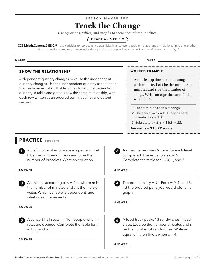 Preview of the CCSS.Math.Content.6.EE.C.9 printable worksheet