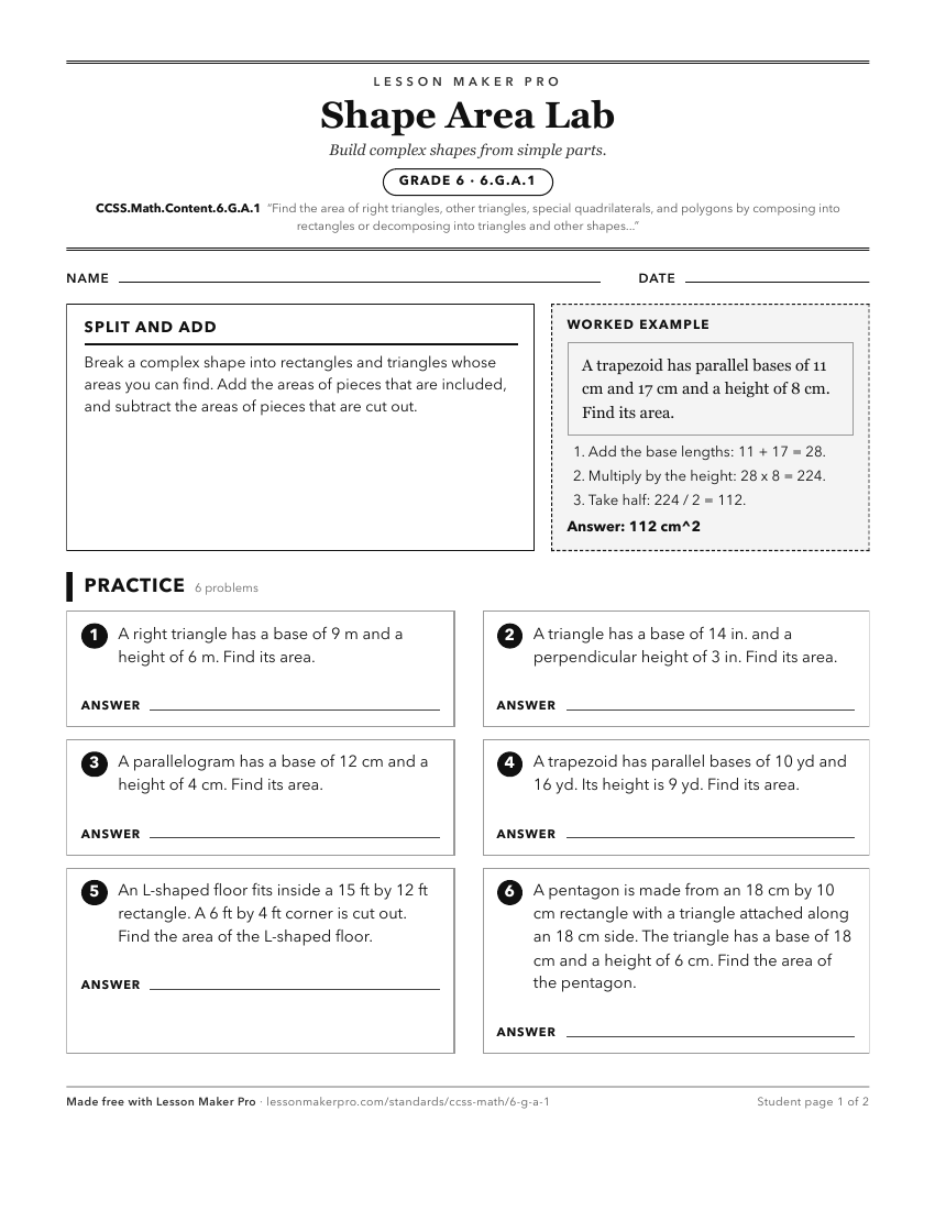 Preview of the CCSS.Math.Content.6.G.A.1 printable worksheet