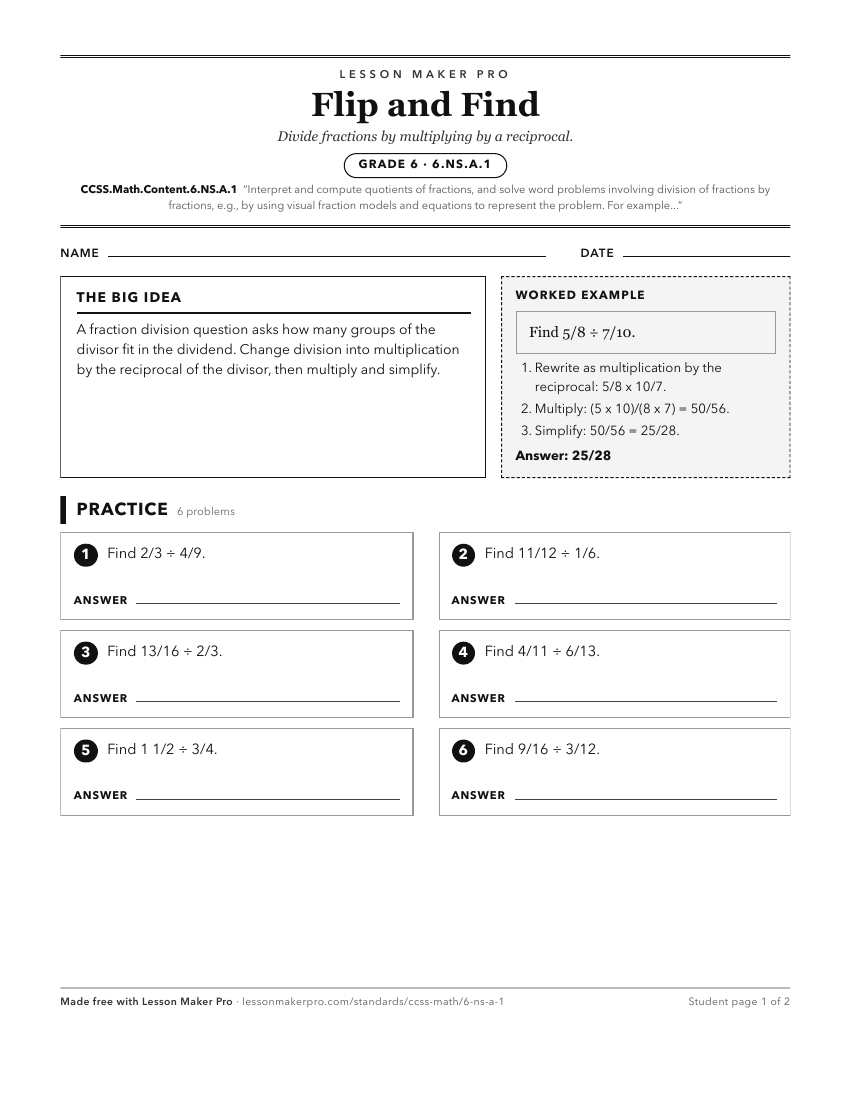 Preview of the CCSS.Math.Content.6.NS.A.1 printable worksheet