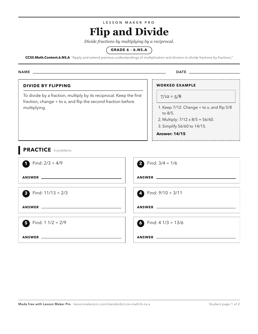 Preview of the CCSS.Math.Content.6.NS.A printable worksheet